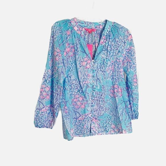 Lilly Pulitzer Coleman Top Now You Sea Me Blue Ibiza Button Up Size X-Small New - Picture 6 of 12